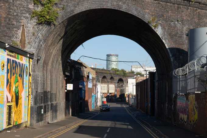 An everyday view from Digbeth, bringing street art, arches and the familiar Rotunda together (July 2019)